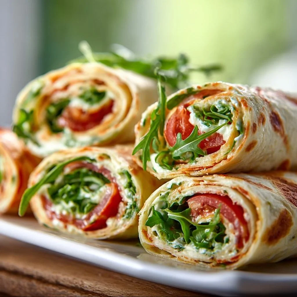 Vegetarische Wrap Röllchen mit Rucola und Tomaten auf einem Partybuffet