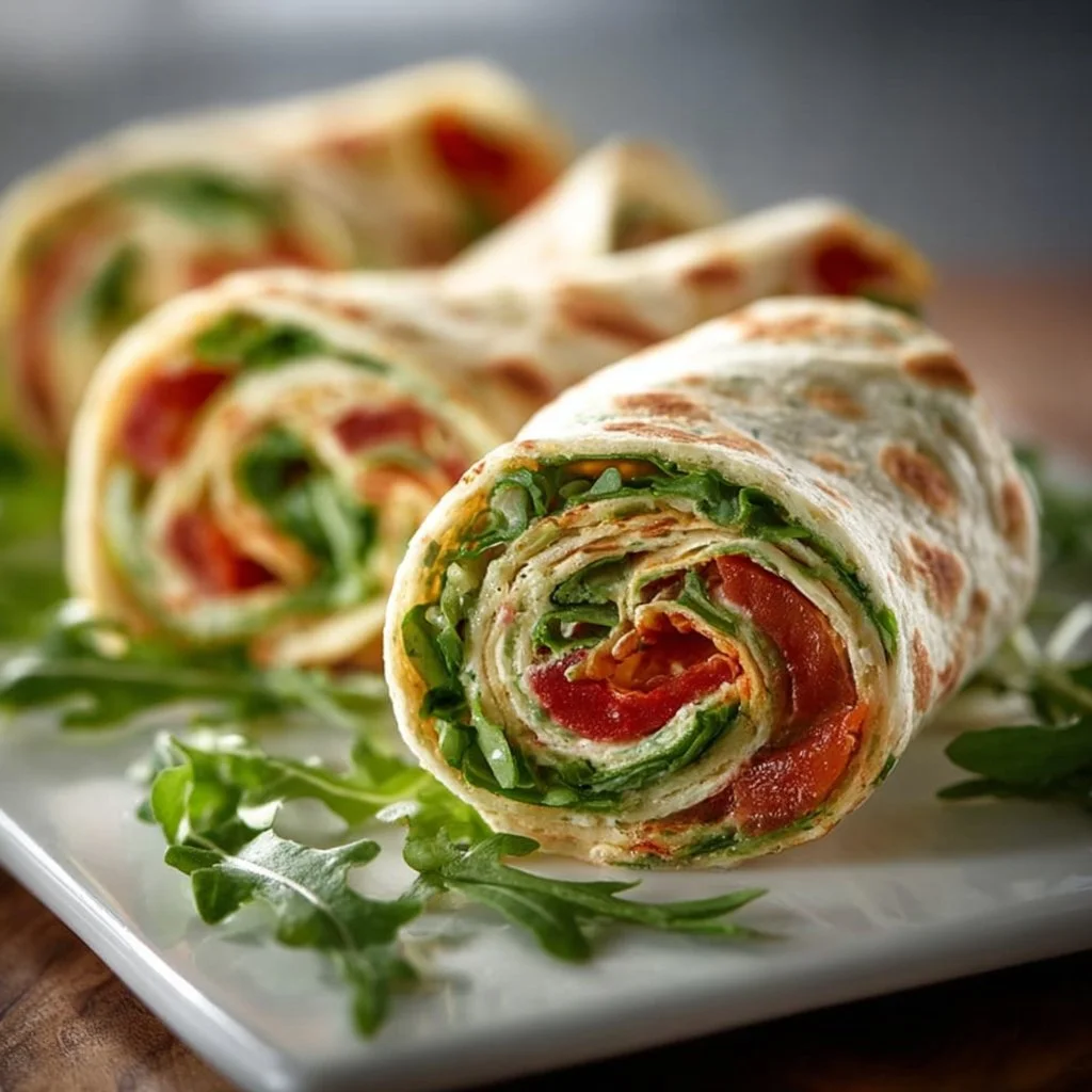 Vegetarische Wrap Röllchen mit Rucola und Tomaten – einfach & perfekt fürs Partybuffet