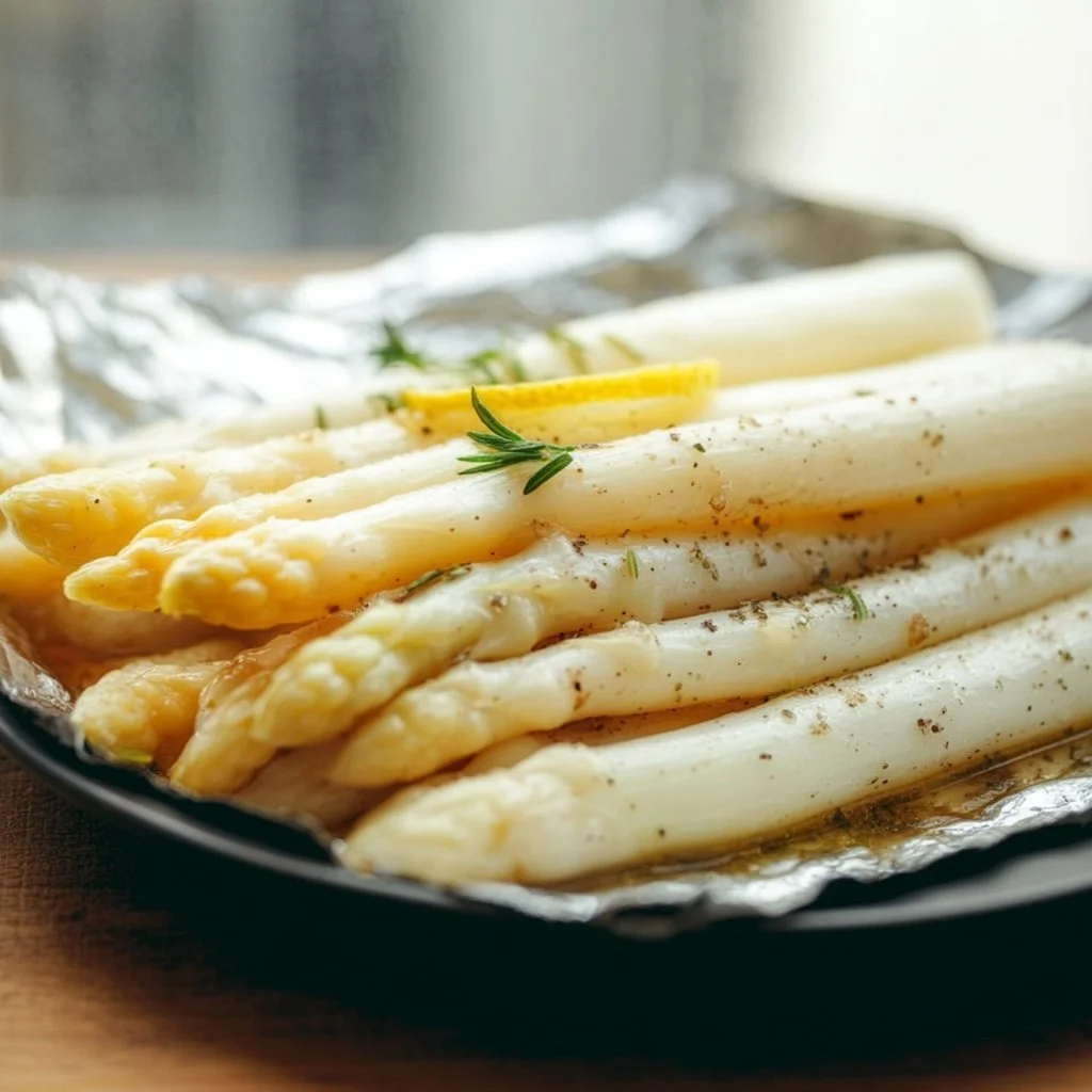Weißer Spargel, im Backofen gebacken, serviert mit Sauce