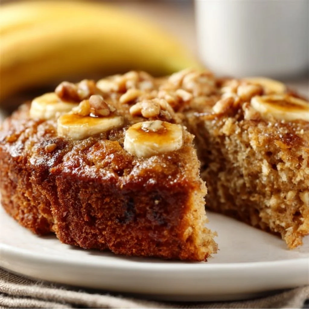 Zuckerfreier Bananen-Nuss-Haferflocken-Kuchen Stück auf einem Teller
