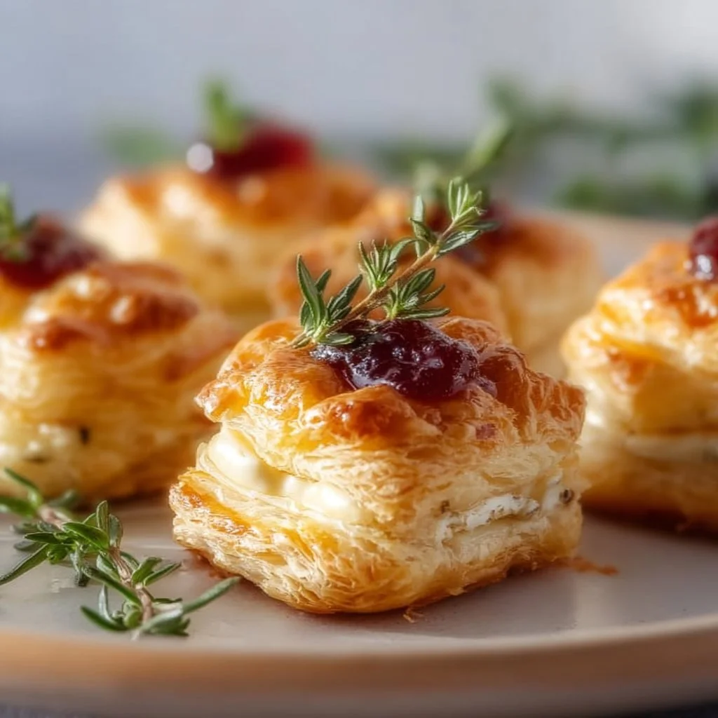 Leckere Blätterteig-Häppchen mit Camembert auf einem Servierteller