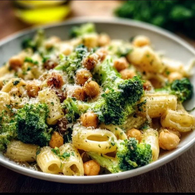 Teller mit Brokkoli-Kichererbsennudeln in Knoblauch-Olivenöl