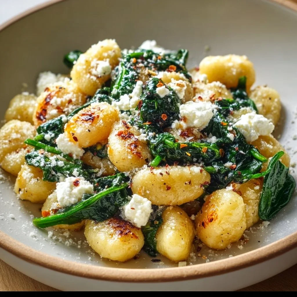 Cremige Gnocchi mit Spinat und Feta auf einem Teller angerichtet.