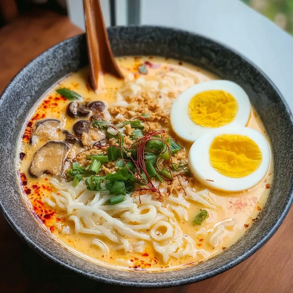 Cremige Ramen mit Erdnuss und Kokos in einer Schüssel