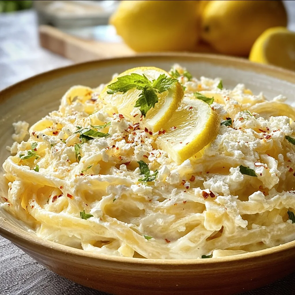 Cremige Zitronen-Feta-Pasta auf einem weißen Teller garniert mit frischen Kräutern.