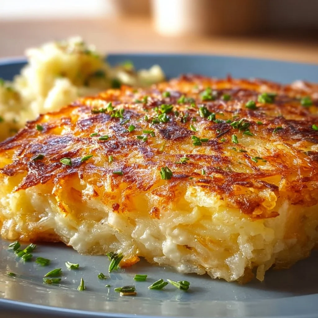 Cremiger Hüttenkäse Kartoffelrösti Auflauf frisch aus dem Ofen.