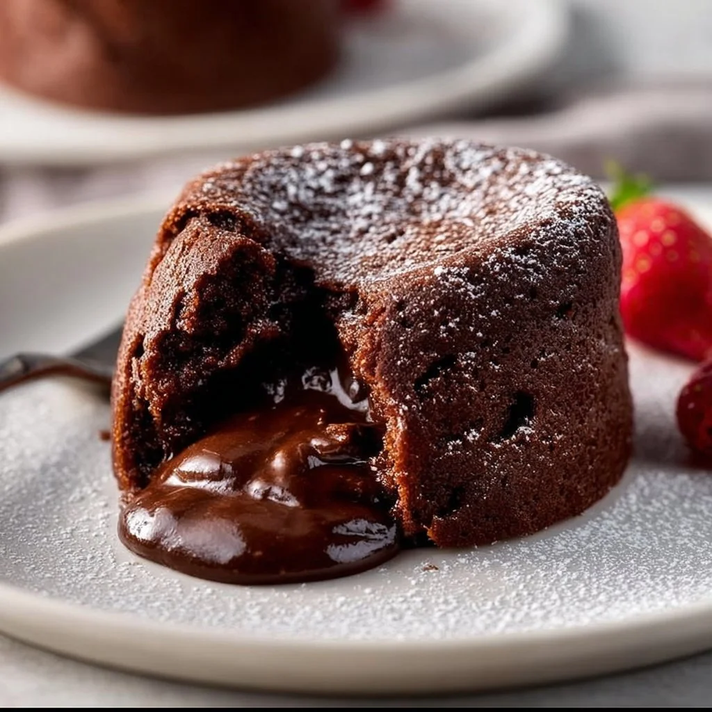 Perfekte Lava Cakes mit halbflüssigem Schokoladenkern auf einem Dessertteller