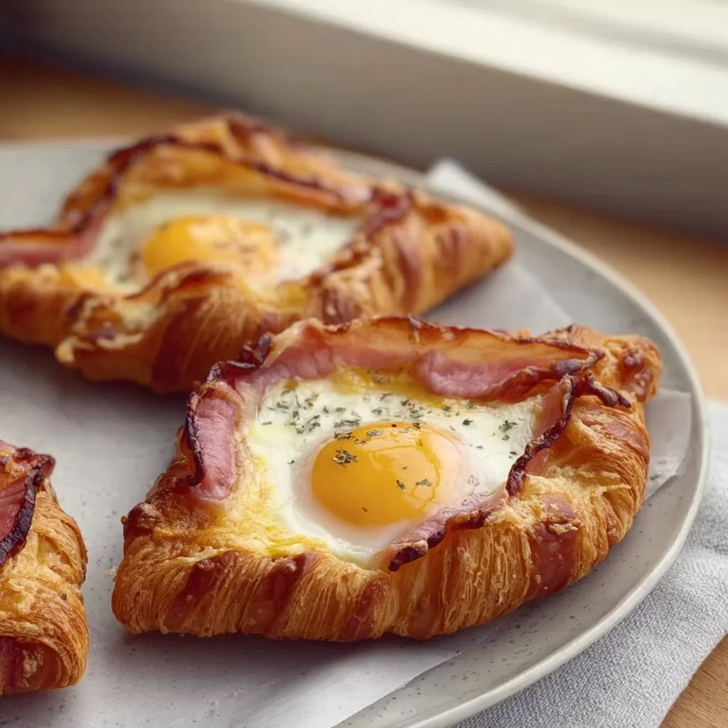Eier- und Speck-Croissant-Boote zum Frühstück serviert