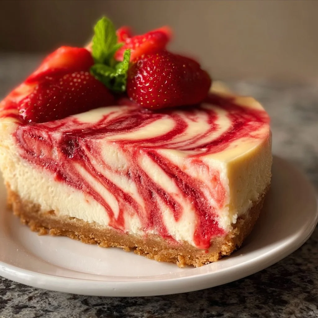 Erdbeerwirbel Käsekuchen auf einem Teller, perfekt zum Genießen