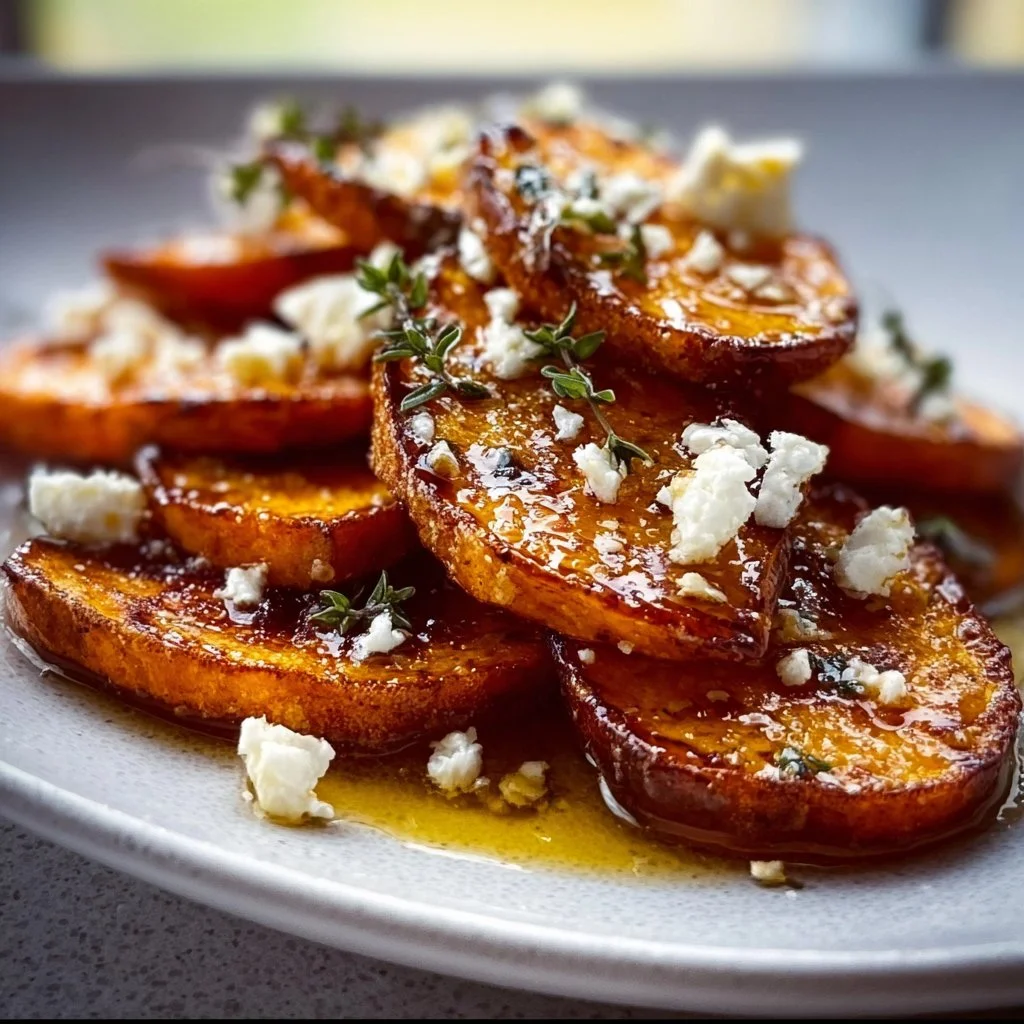 Frittierte Süßkartoffelscheiben mit Honig und Feta auf einem Teller