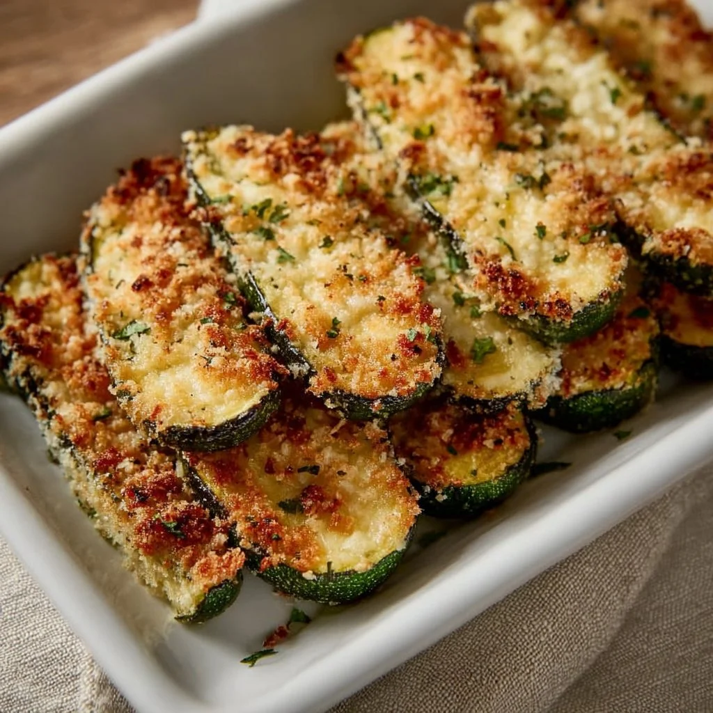 Gebackene Parmesan-Zucchini auf einem Teller serviert