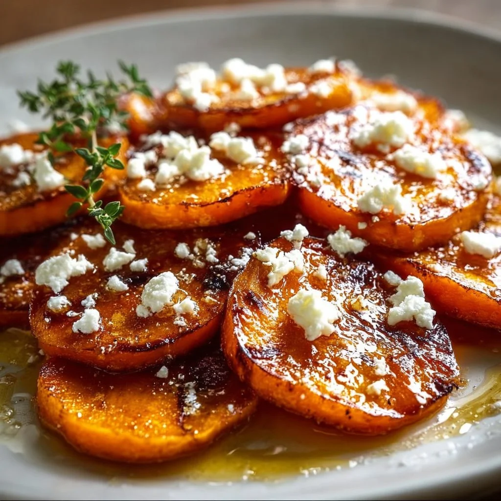 Gebratene S&uuml;&szlig;kartoffelscheiben mit Honig und Feta
