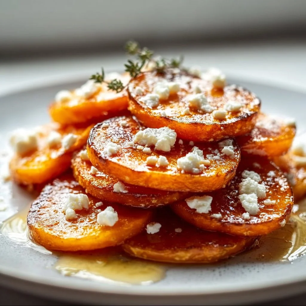 Gebratene Süßkartoffelscheiben mit Honig und Feta