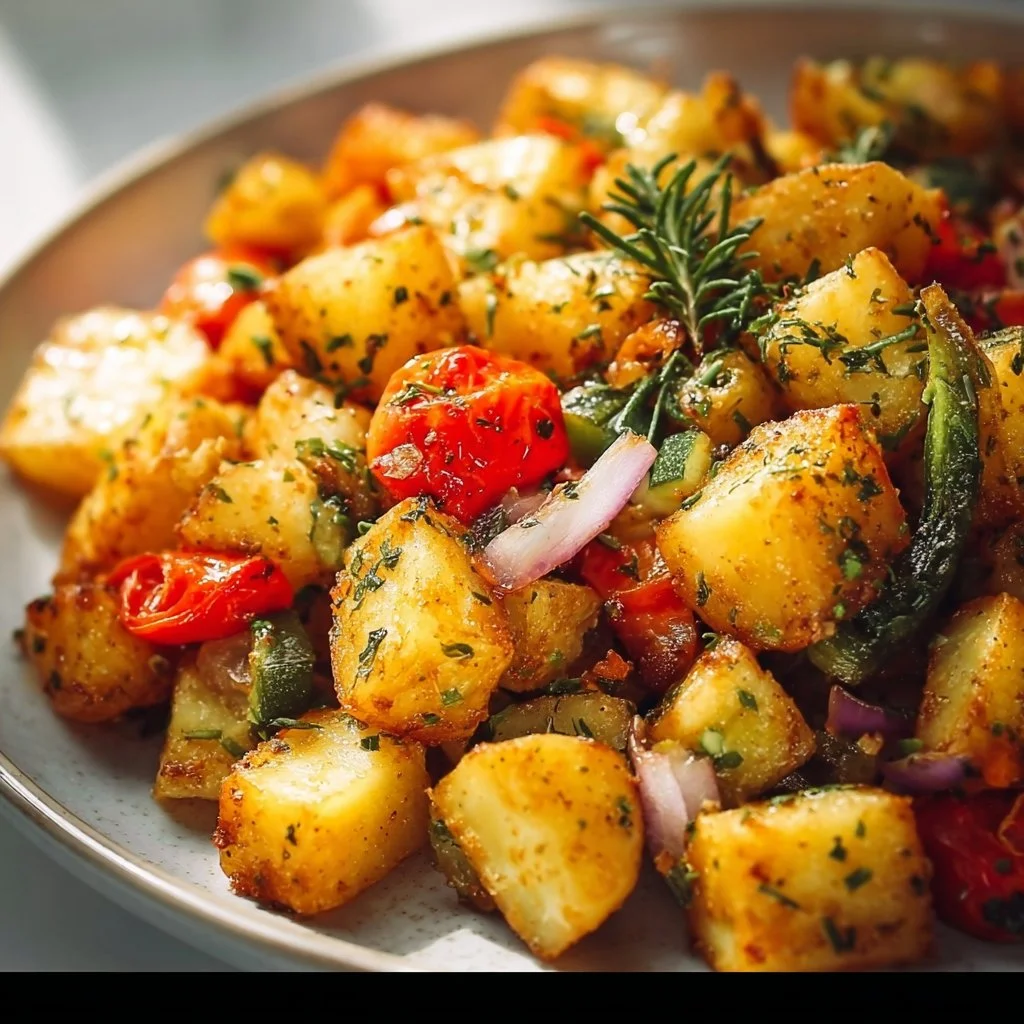 Verschiedene gesunde vegetarische Kartoffelgerichte auf einem Teller angerichtet.