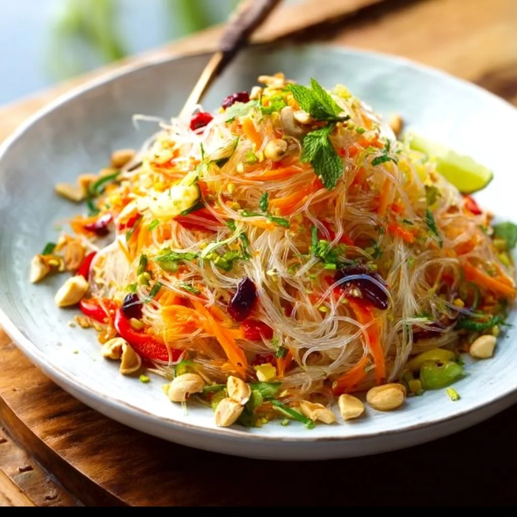 Leckerer Glasnudelsalat mit frischem Gemüse und einer würzigen Soße