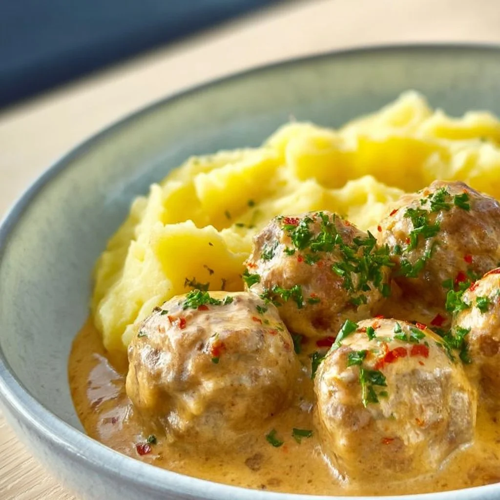 Hackbällchen in cremiger Sauce mit feinem Kartoffelpüree serviert