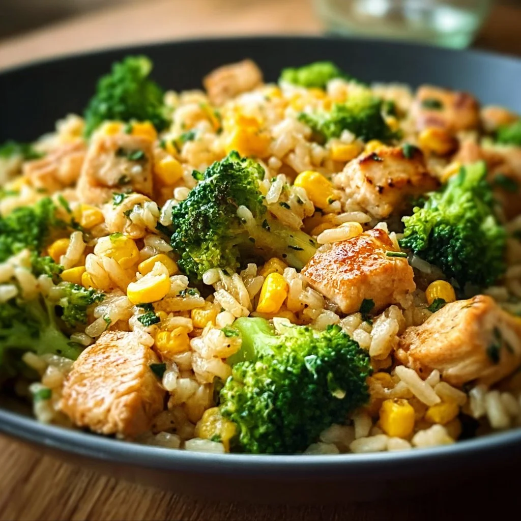 Hähnchen-Reis-Pfanne mit Brokkoli und Mais auf einem Teller