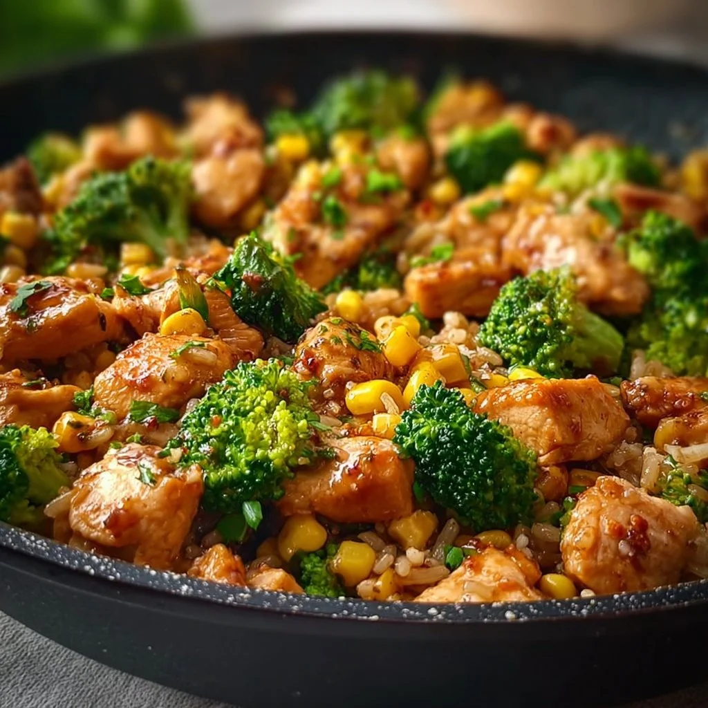 Hähnchen-Reis-Pfanne mit Brokkoli und Mais