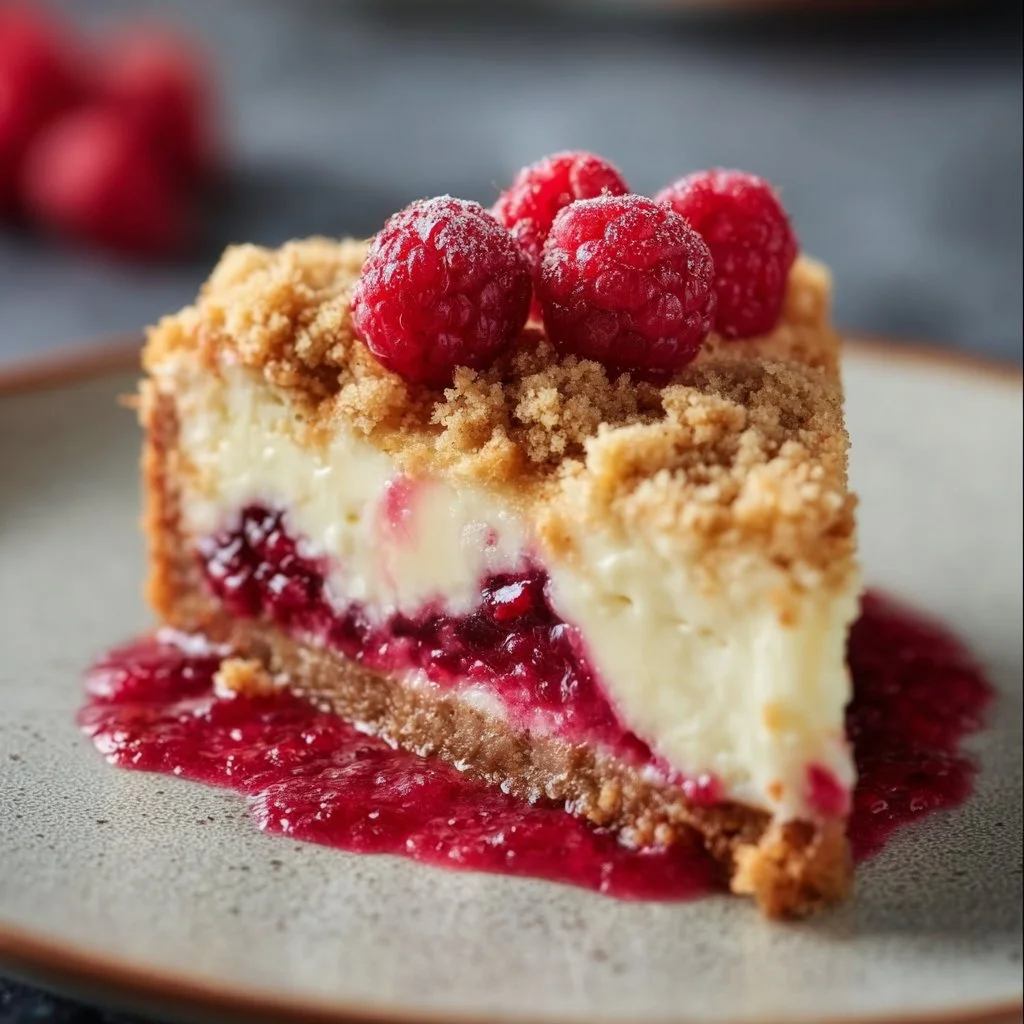 Himbeer-Streuselkuchen mit Joghurt-Cheesecake auf einem weißen Teller