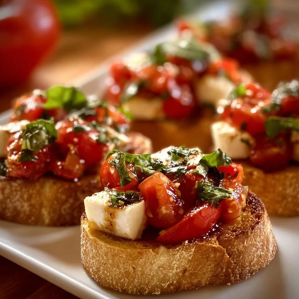Italienische Bruschetta mit frischem Mozzarella und Tomaten auf geröstetem Brot