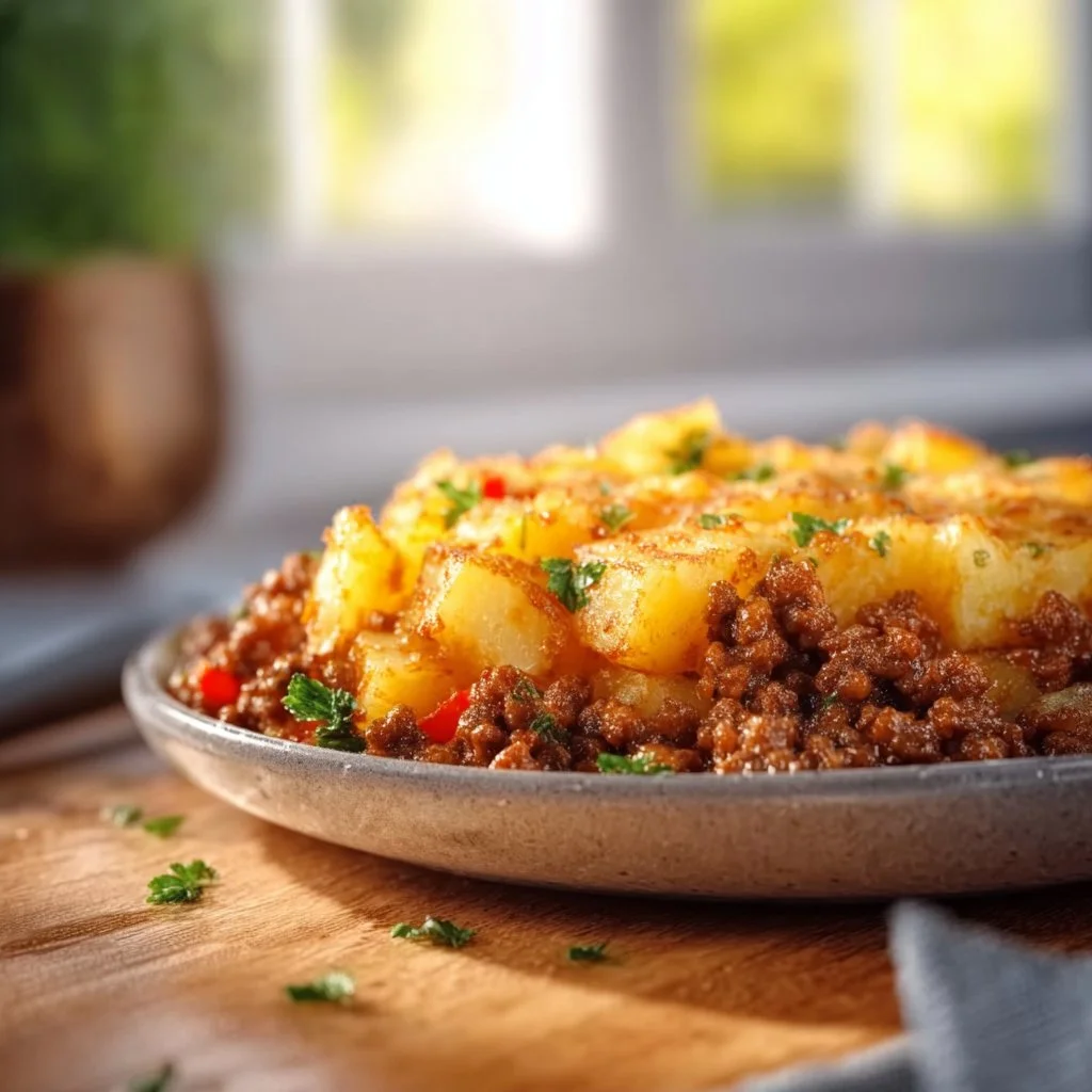 Kartoffel Hackfleisch Pfanne mit frischen Zutaten anrichten