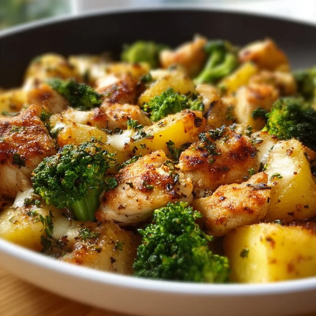 Kartoffel-Hähnchen-Pfanne mit Brokkoli in einer großen Pfanne zubereitet