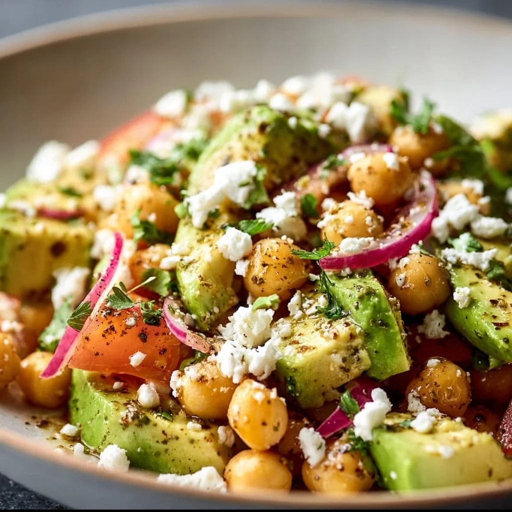 Kichererbsen-Feta-Avocado-Salat in einer Schüssel, frisch und gesund