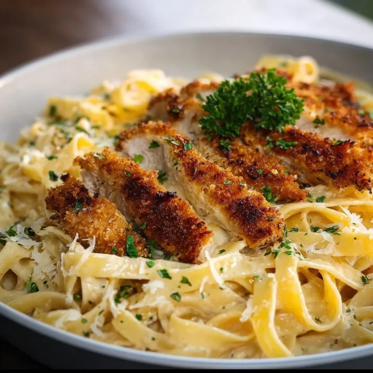 Knusprige Hähnchenfettuccine Alfredo mit cremiger Sauce und frischen Kräutern
