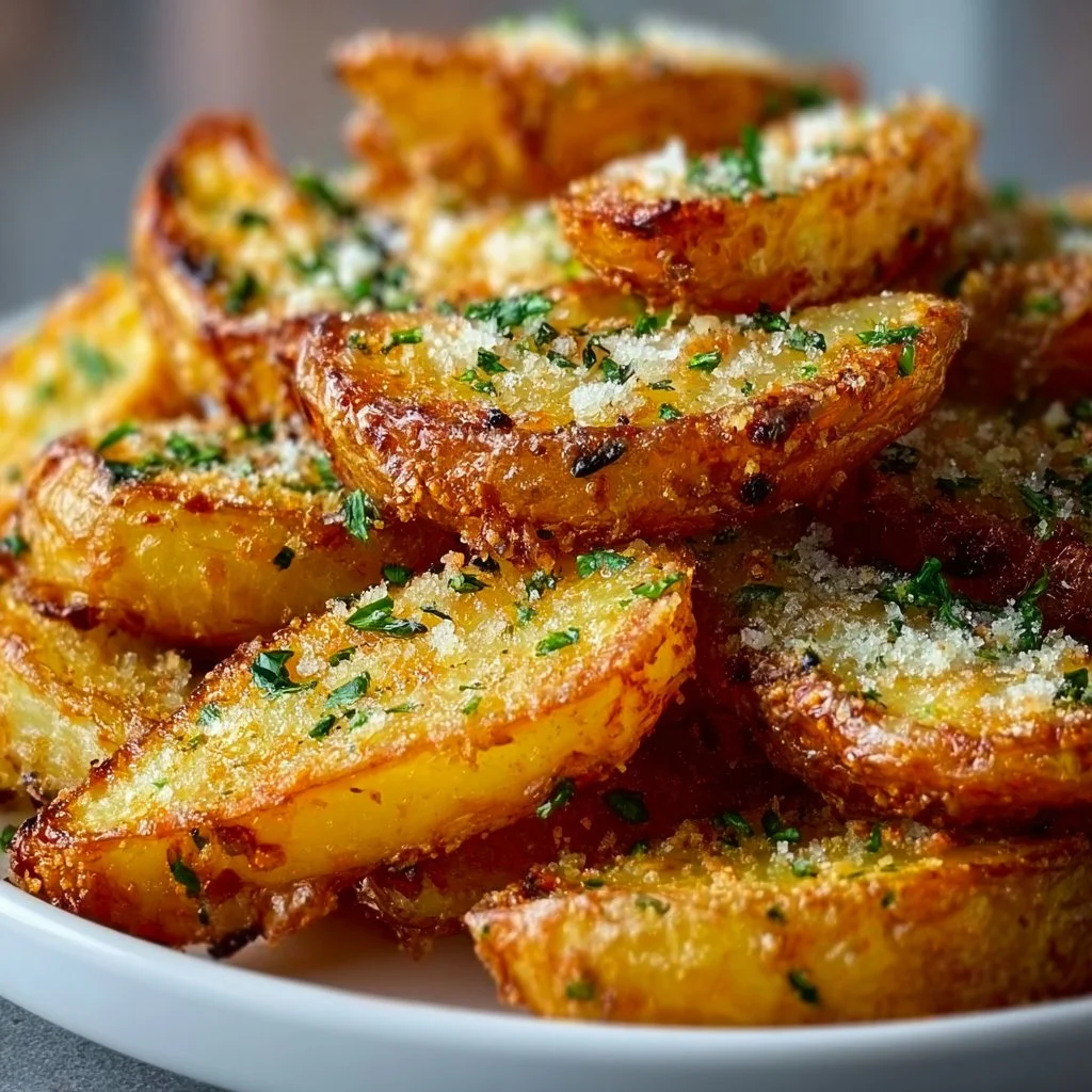 Knusprige Kartoffelspalten mit Knoblauch und Parmesan auf einem Teller