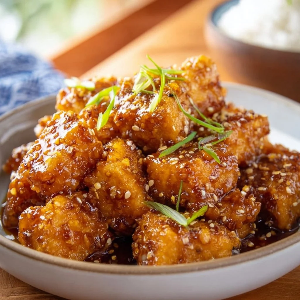 Knuspriger Honig-Knoblauch-Tofu auf einem Teller mit frischem Gemüse