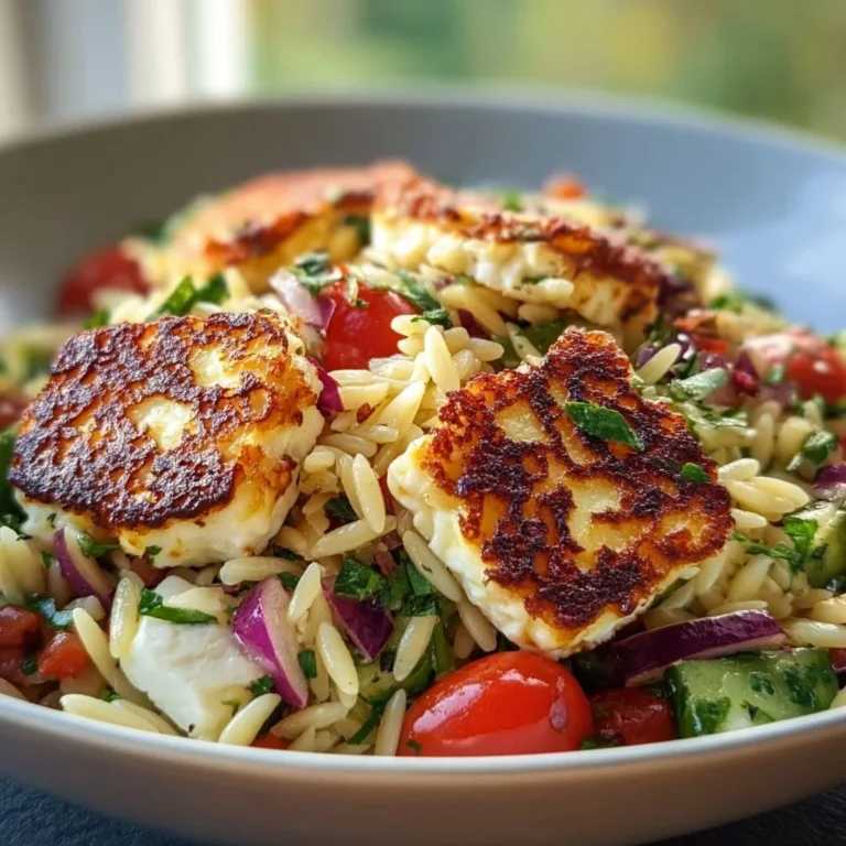 Kritharaki-Salat mit Halloumi-Croutons auf einem Teller serviert
