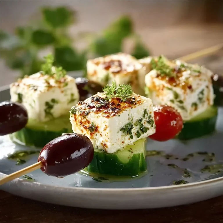 Leckere Feta-Spieße mit Gurke auf einem Teller angerichtet.