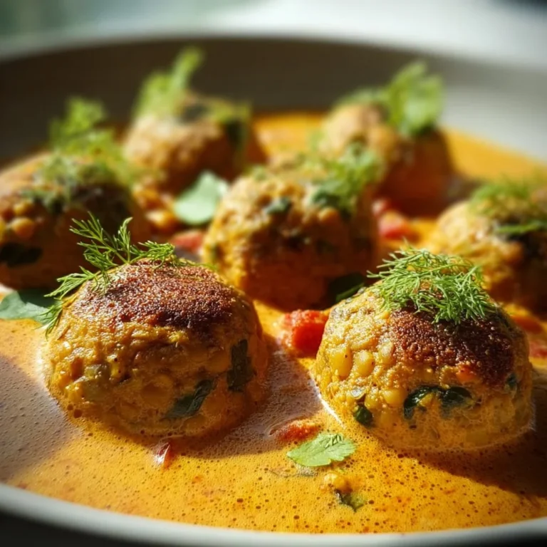 Linsenbällchen in Currysauce serviert auf einem Teller mit frischen Kräutern.