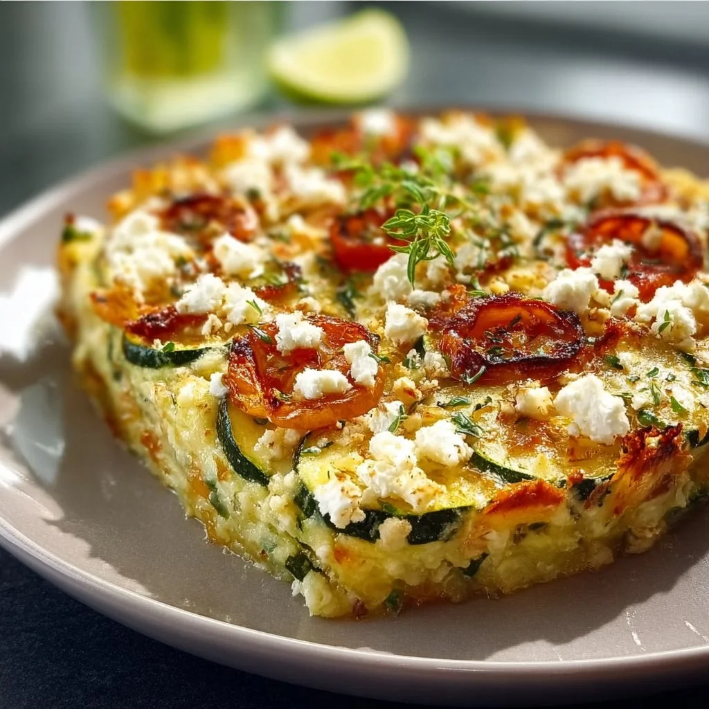 Low Carb Zucchini Auflauf mit Feta auf einem Teller serviert