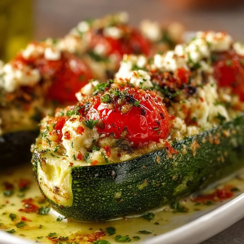 Mediterranean stuffed zucchini with feta and tomatoes