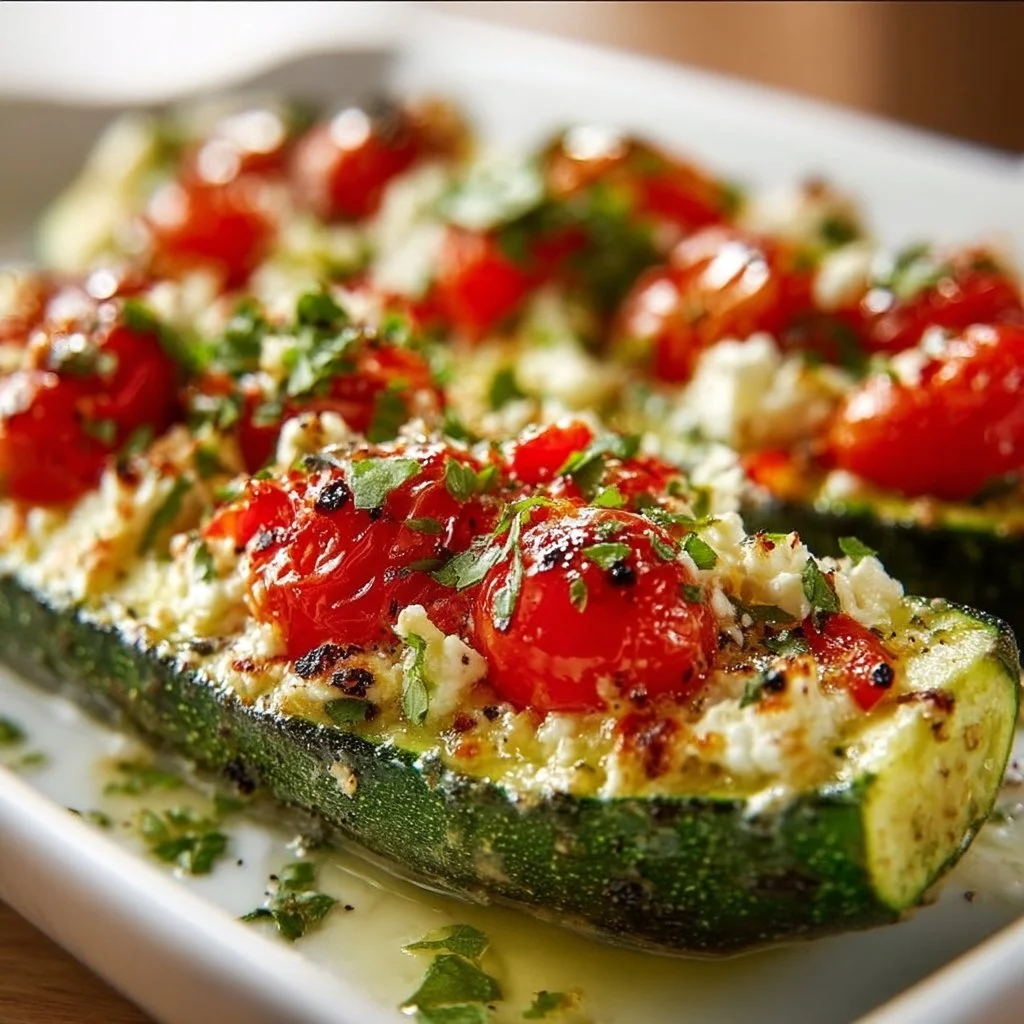 Mediterranean stuffed zucchini with feta and tomatoes