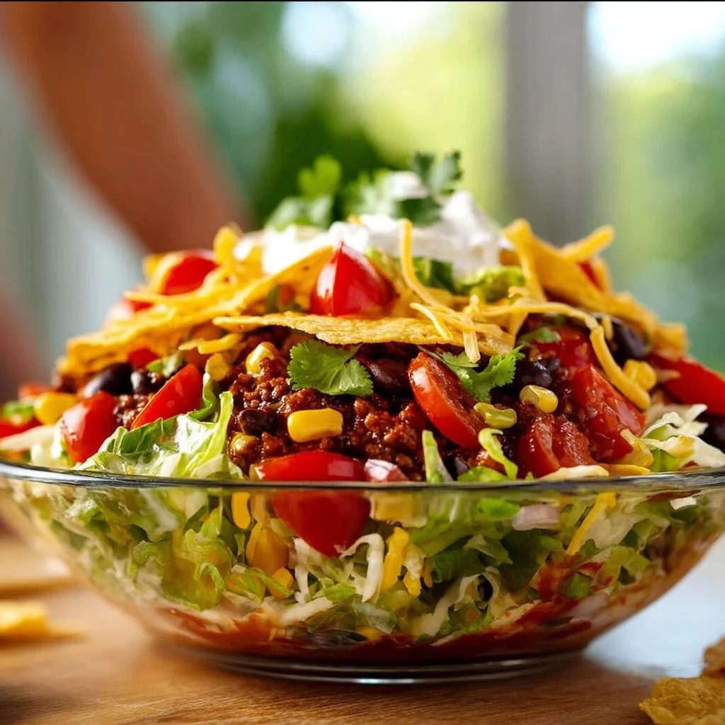 Mexikanischer Taco Schichtsalat mit frischen Zutaten und bunten Schichten