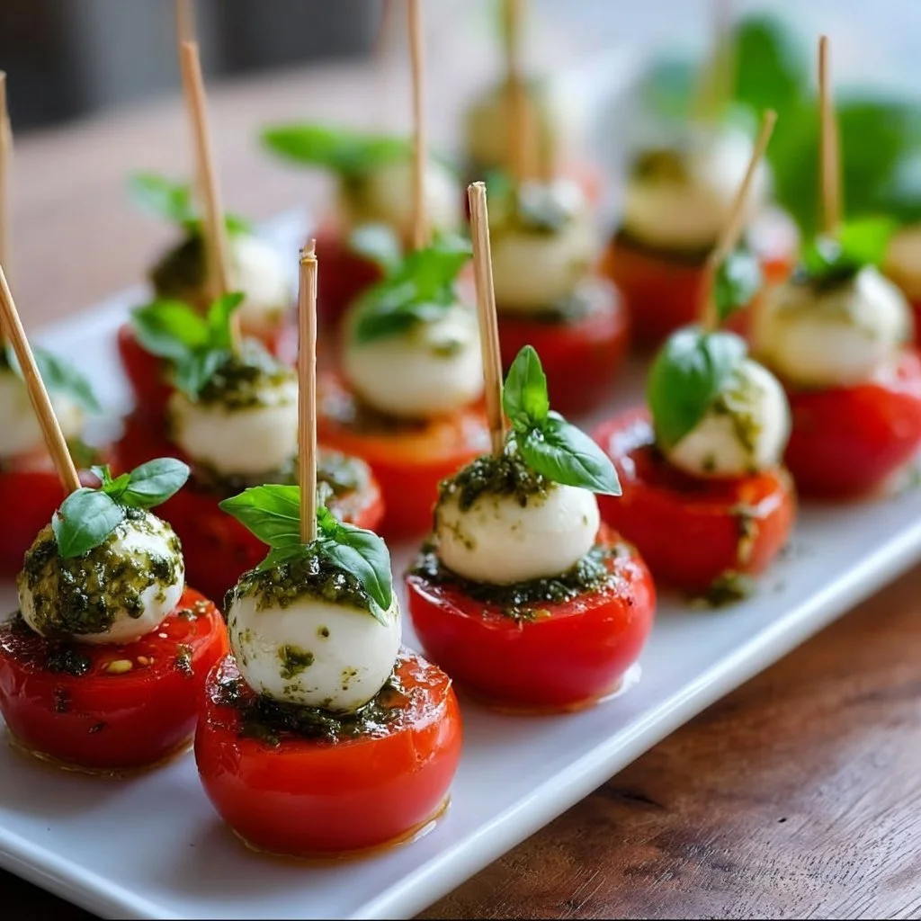 Mini Pesto Caprese Häppchen mit frischem Basilikum und Tomaten als Snack