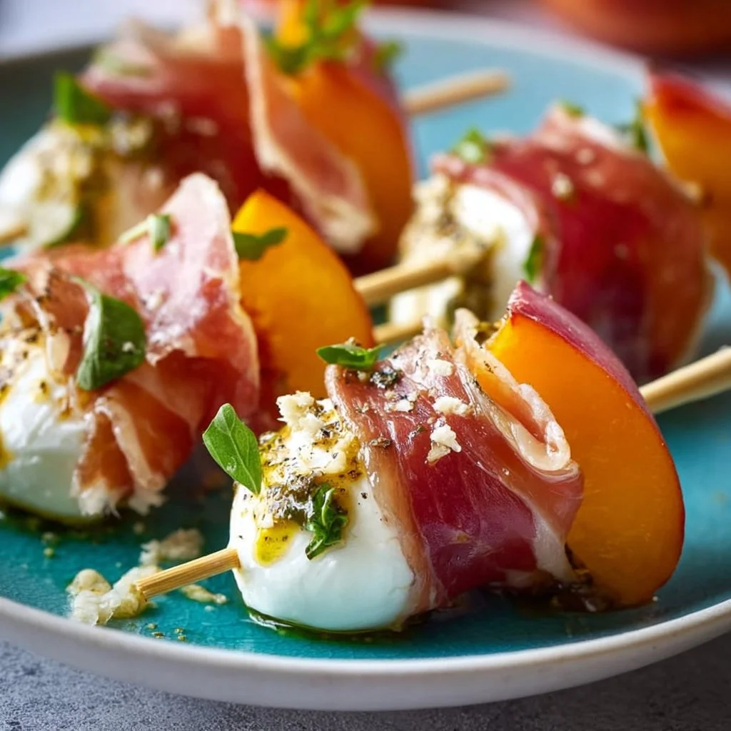 Mozzarella, Prosciutto und eingelegte Pfirsich-Spie&szlig;chen
