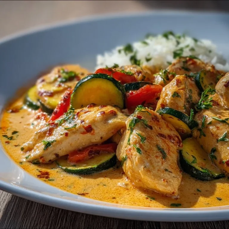 Paprika Zucchini Hähnchen in einer Pfanne zubereitet
