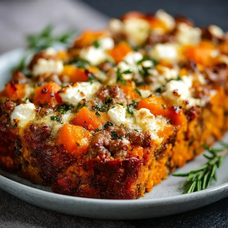 Süßkartoffelauflauf mit Hackfleisch und Feta, serviert in einer Auflaufform