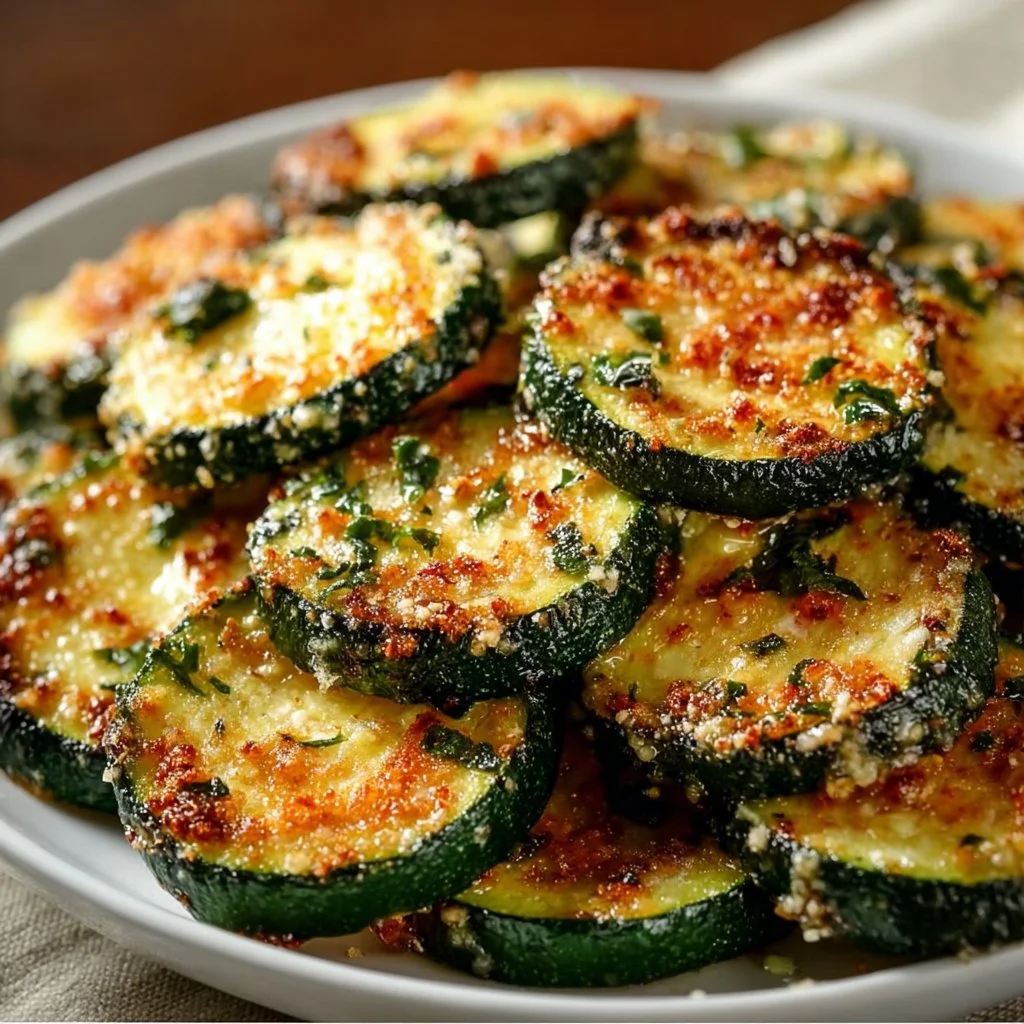 Geröstete Knoblauch-Parmesan Zucchini auf einem Teller serviert