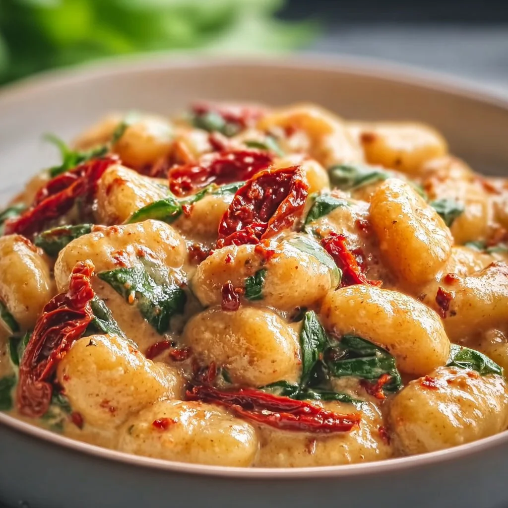 Vegane Gnocchi mit cremiger, sonnengetrockneter Tomatensauce