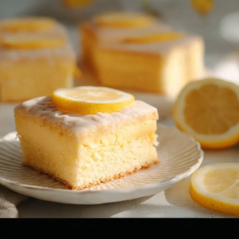 Zitronen-Butterkeks-Kuchen auf einem Teller, dekoriert mit Zitronenscheiben.