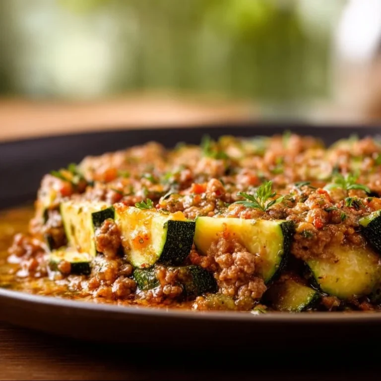 Zucchini-Hack-Pfanne mit frischem Gemüse und Hackfleisch auf einem Teller serviert.