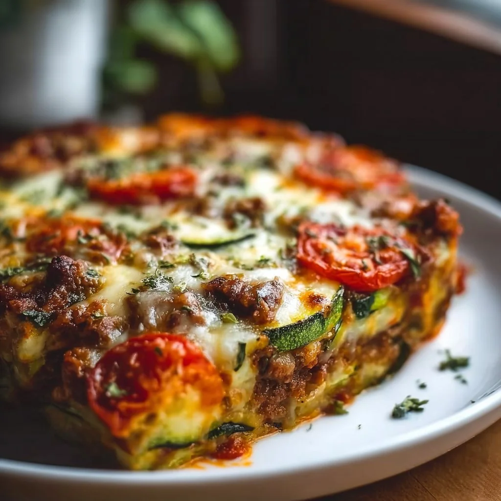 Zucchini-Pizza-Auflauf mit Gemüse und Käse aus dem Ofen